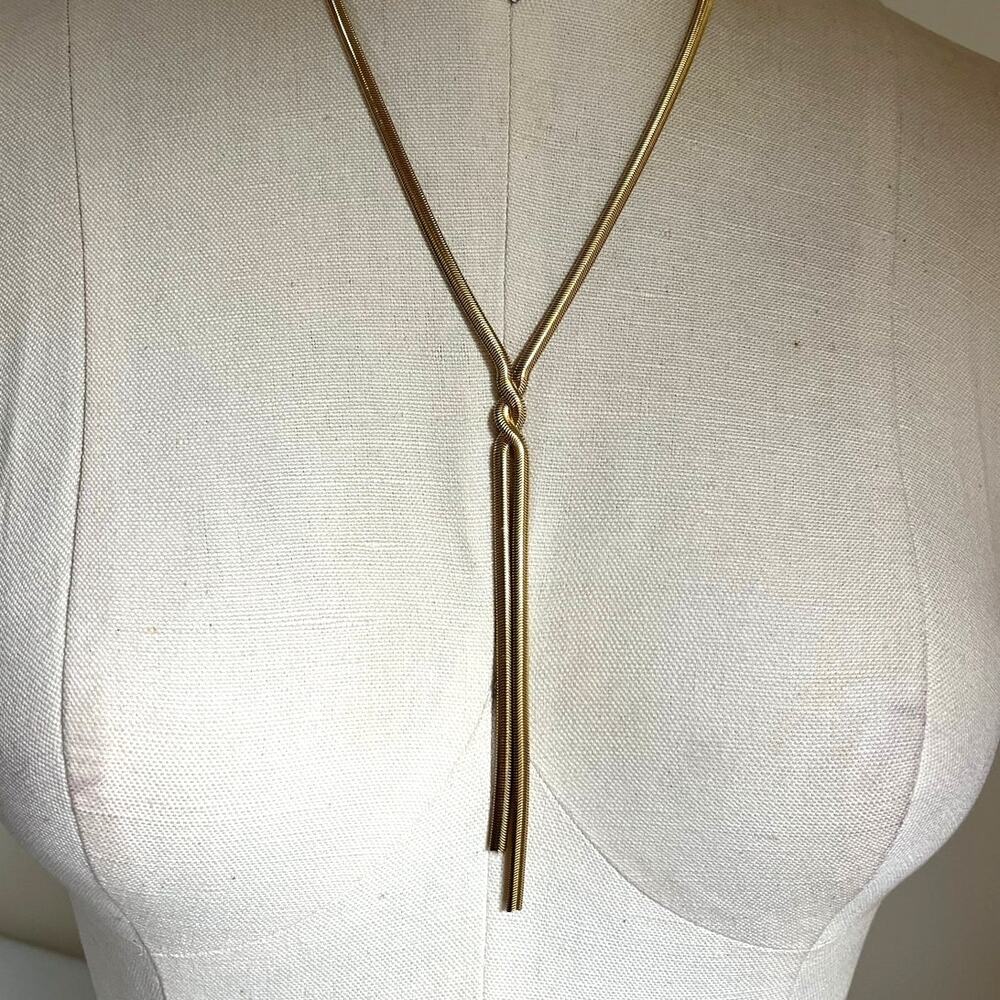 Plunder Gold Tone Snake Chain Y Necklace Double Tassel Minimalist Edgy Indie